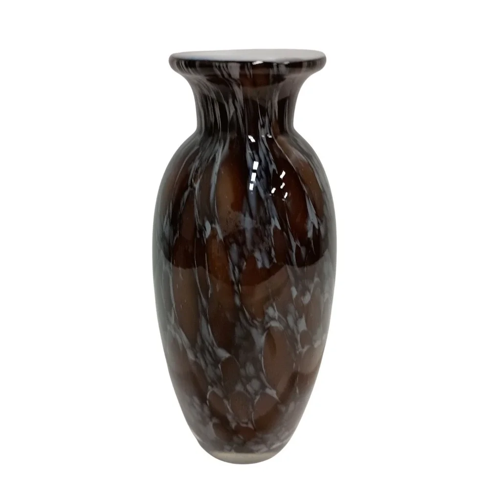 Vintage Art Glass Vase Hand Blown Tortoise Shell MCM Brown White Swirl 8.5